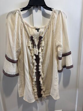 Hannah Ivory Peasant Blouse with Tassel & Embroidered Trim